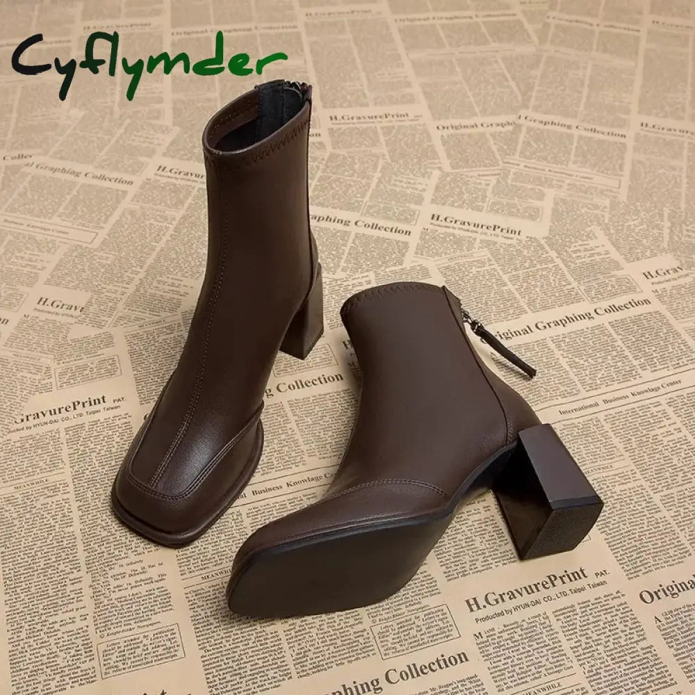 Best Name Work Boots Cyflymder Booties Very High Heels Shoes for Women Heeled Brown Leather Footwear Work Short Female Ankle Boots Pu Sale Y2k Autumn Quality