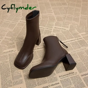 Extra Wide Pull On Work Boots Cyflymder Booties Very High Heels Shoes for Women Heeled Brown Leather Footwear Work Short Female Ankle Boots Pu Sale Y2k Autumn Quality