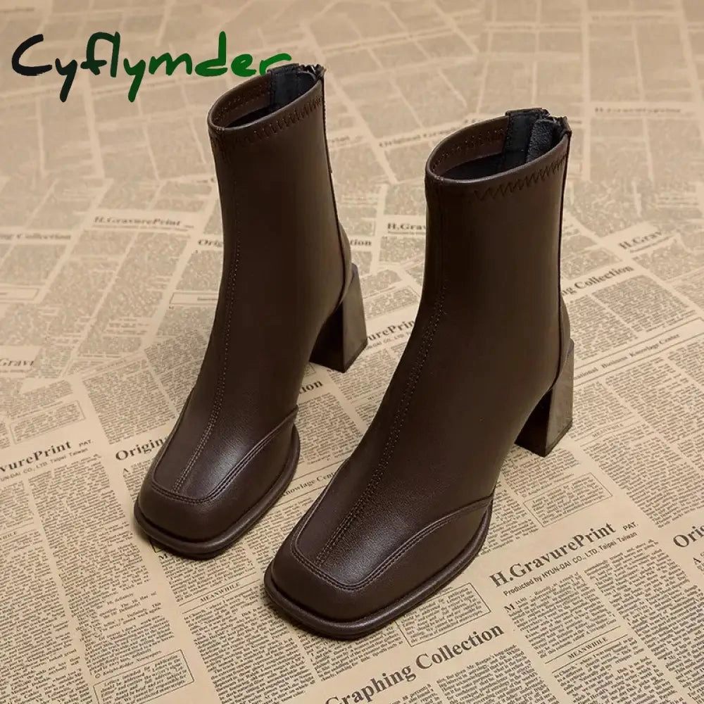 Cyflymder Booties Very High Heels Shoes for Women Heeled Brown Leather Footwear Work Short Female Ankle Boots Pu Sale Y2k Autumn Quality Work Boots For The Summer