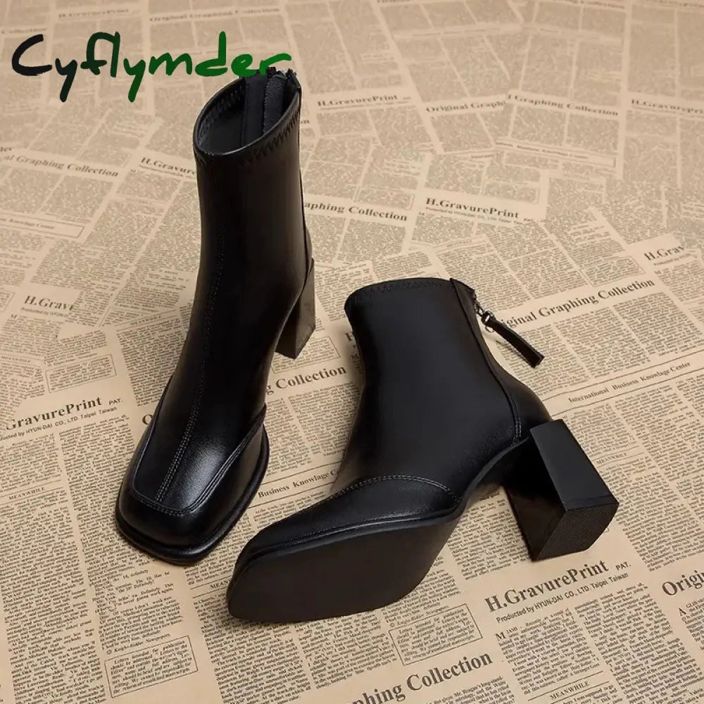 Work Boots For Walking All Day Cyflymder Booties Very High Heels Shoes for Women Heeled Brown Leather Footwear Work Short Female Ankle Boots Pu Sale Y2k Autumn Quality