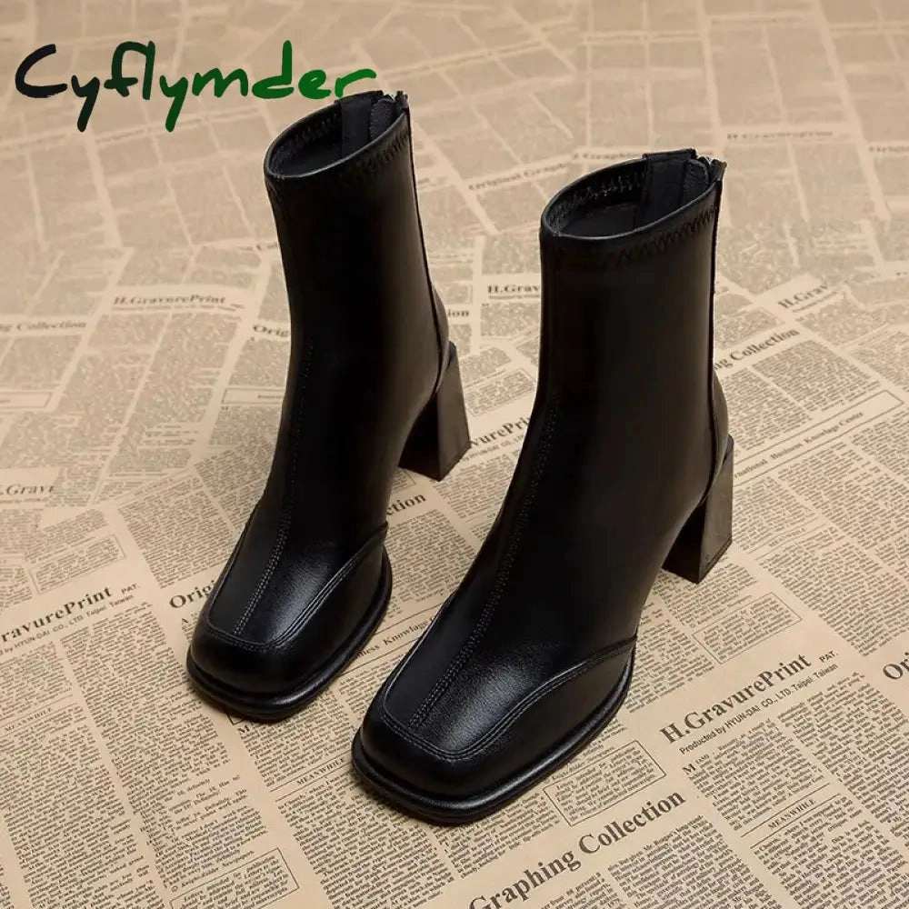 Work Boots For Farming Cyflymder Booties Very High Heels Shoes for Women Heeled Brown Leather Footwear Work Short Female Ankle Boots Pu Sale Y2k Autumn Quality