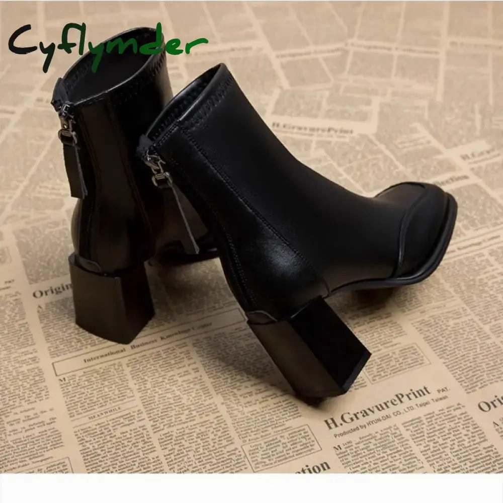 Cyflymder Booties Very High Heels Shoes for Women Heeled Brown Leather Footwear Work Short Female Ankle Boots Pu Sale Y2k Autumn Quality Custom Work Boots
