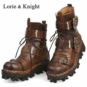 Utility Work Boot Men's Cowhide Genuine Leather Work Boots Military Combat Boots Gothic Skull Punk Motorcycle Martin Boots