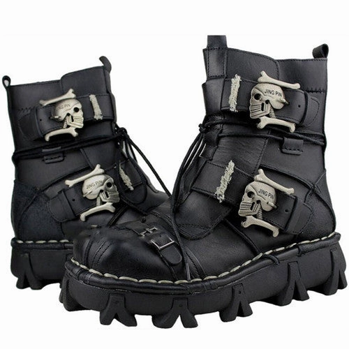 Men's Cowhide Genuine Leather Work Boots Military Combat Boots Gothic Skull Punk Motorcycle Martin Boots Work Boots That Feel Like Sneakers