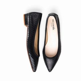 Wedding Shoes Flat Sandals Black leather pointed toe ballet flats with cobra-skin effect