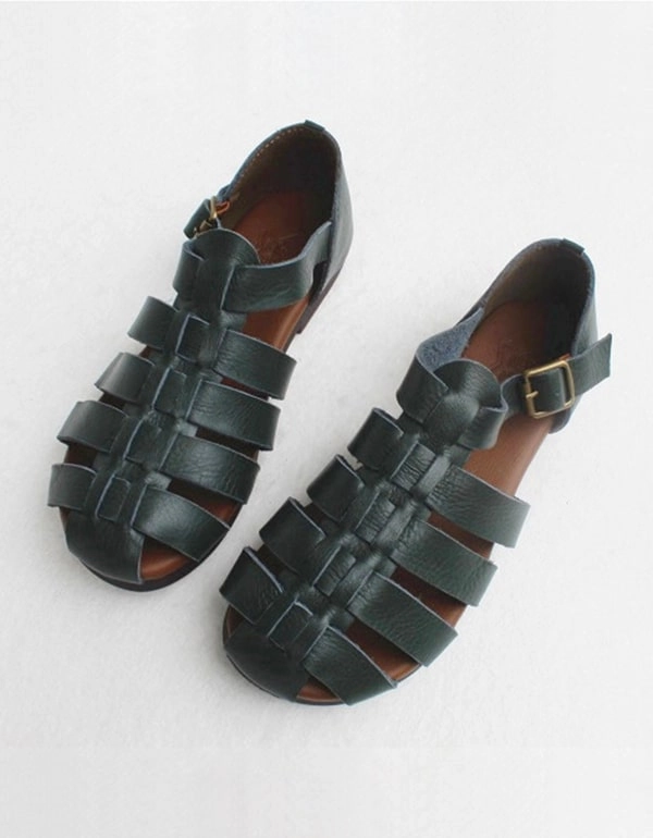 Black Wedding Flat Shoes Soft Leather Round Head Fishermen Sandals 35-41