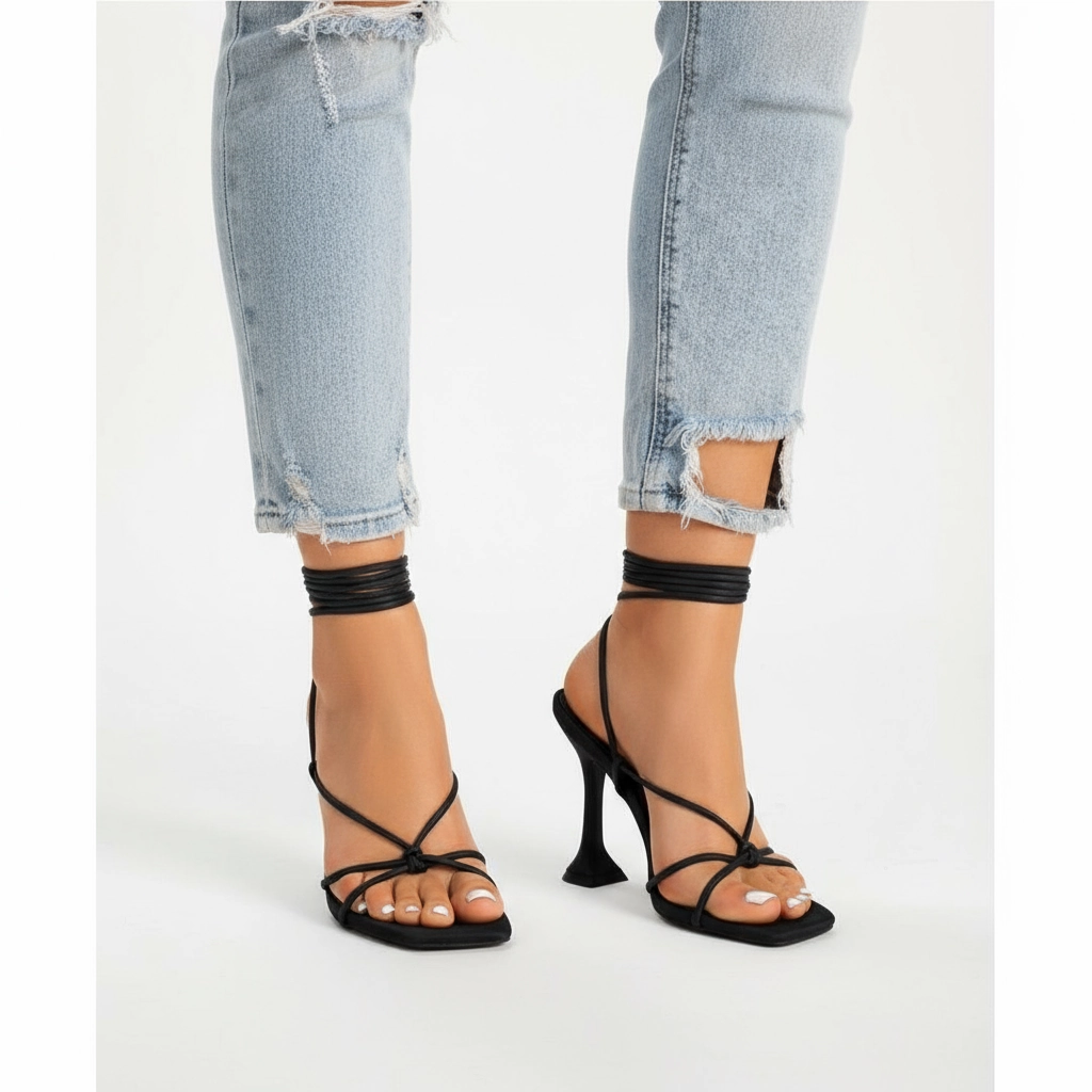 Denim Open Toe Short Heel Shoes