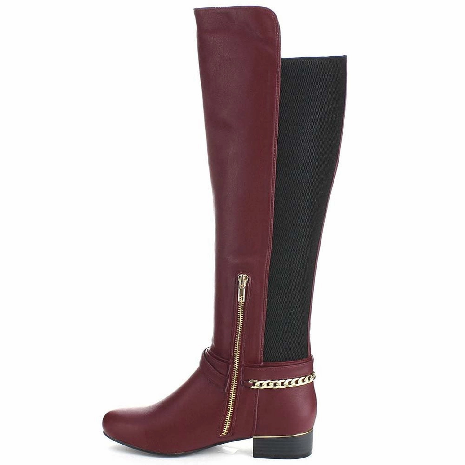 Lucky Rain Boots Burgundy Equestrian Criss Cross Two-tone Ankle Strap Side Zip Knee High Vegan Pirate Boots