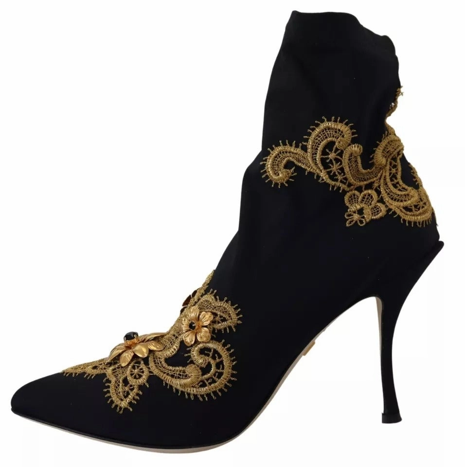 Dolce & Gabbana Black Gold Embroidery Slip On Boots Shoes Adidas Sprint Shoes