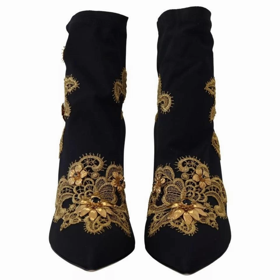 Dolce & Gabbana Black Gold Embroidery Slip On Boots Shoes Adidas New Fashion Shoes