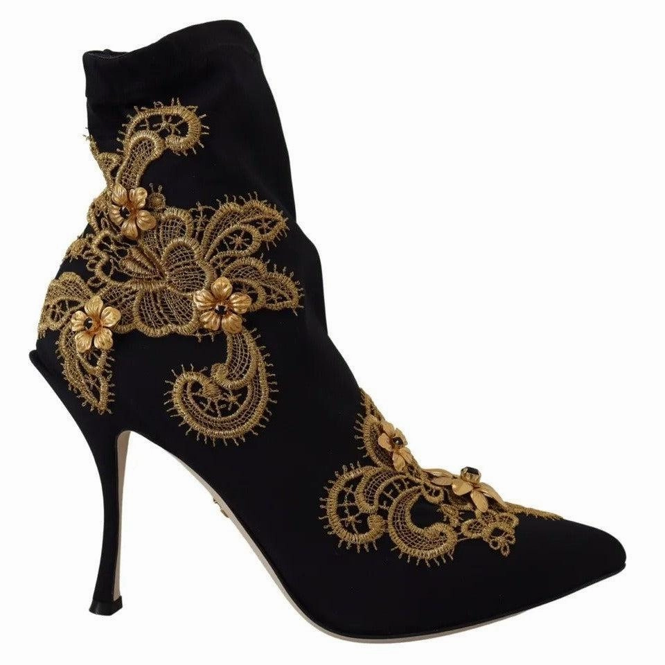 Dolce & Gabbana Black Gold Embroidery Slip On Boots Shoes Adidas Neo Cloudfoam Shoes