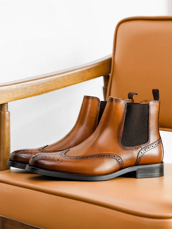 Desai Men's New Leather shoes Chelsea Brogue style boots one-step low-heeled boots fashion daily Elastic Shoes DS122H Spectator Dress Shoes