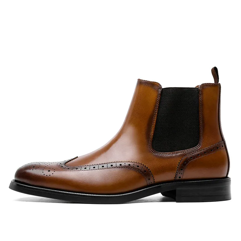Desai Men's New Leather shoes Chelsea Brogue style boots one-step low-heeled boots fashion daily Elastic Shoes DS122H Thick Sole Dress Shoes