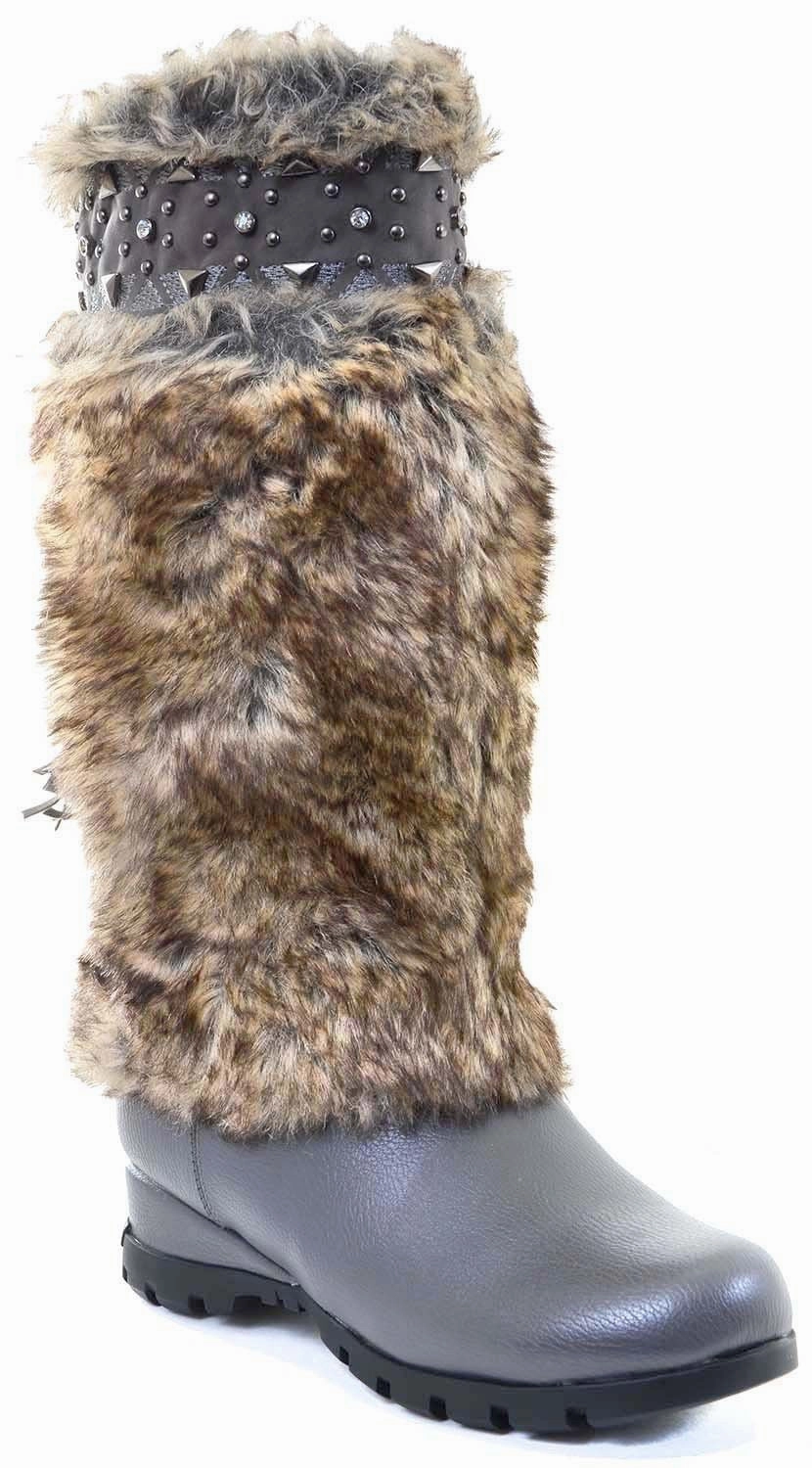 Best Rain And Snow Boots Grey Vegan Fur Rivet Studded Flat Mukluk Outdoor Boots