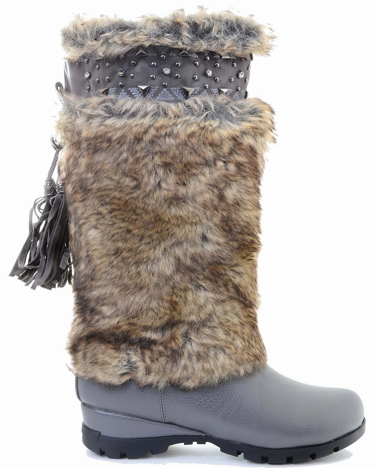 Steel Toe Rain Boots Near Me Grey Vegan Fur Rivet Studded Flat Mukluk Outdoor Boots