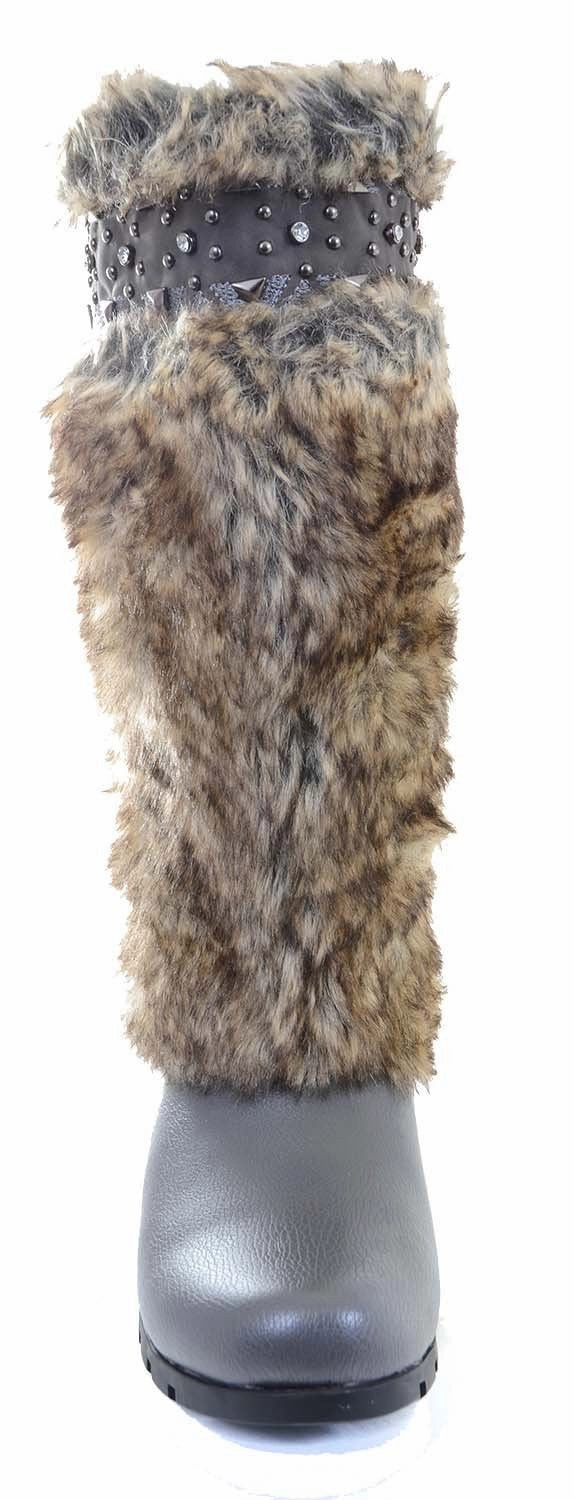 Grey Vegan Fur Rivet Studded Flat Mukluk Outdoor Boots Van Rain Boots