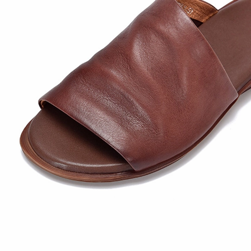 Women's Genuine Leather Slippers Open Toe in Coffee/Black Pathy Leather Loafers