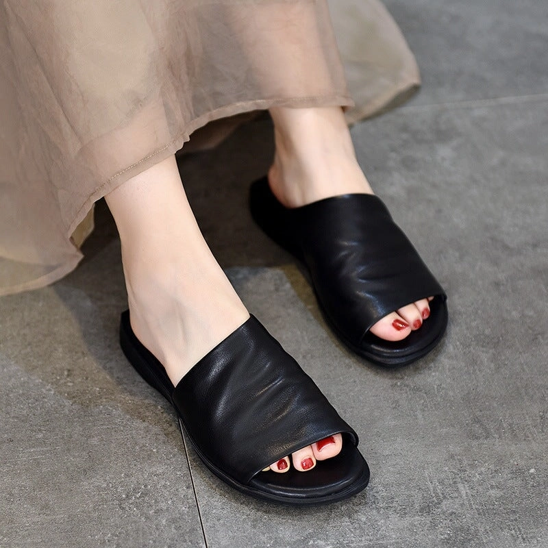 Women's Genuine Leather Slippers Open Toe in Coffee/Black Loro Piana Loafers