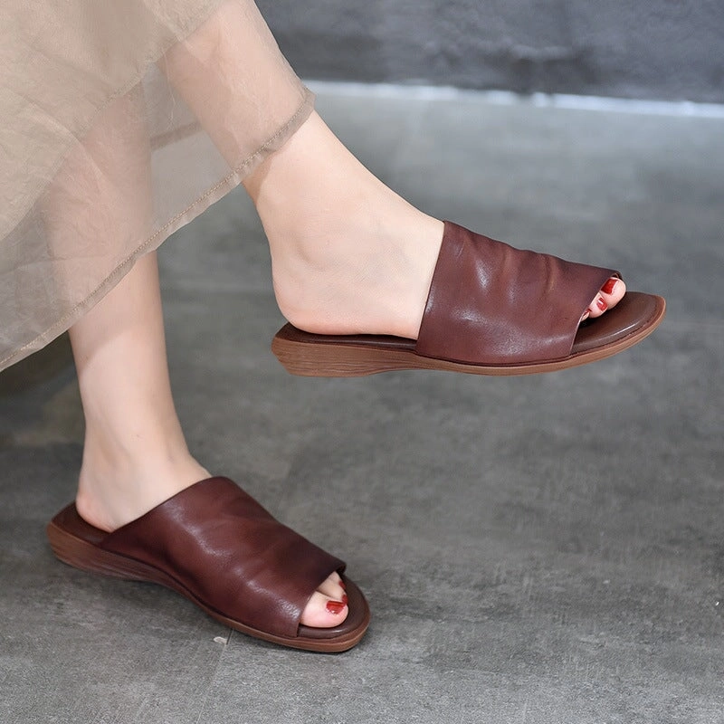 Women's Genuine Leather Slippers Open Toe in Coffee/Black Loafers Shows