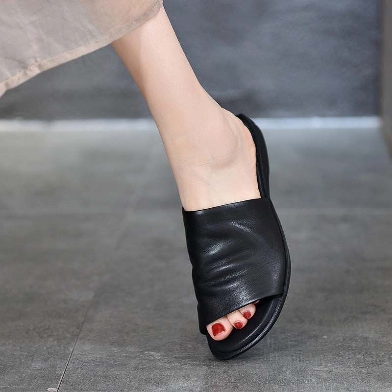 Sporting Loafers Women's Genuine Leather Slippers Open Toe in Coffee/Black