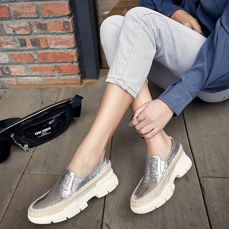 Eckhaus Latta Loafers Chicmy Causal Loafers Metal Sheepskin Women Flats Slip On Ladies Simple Shoes Silver Color Platform Footwear
