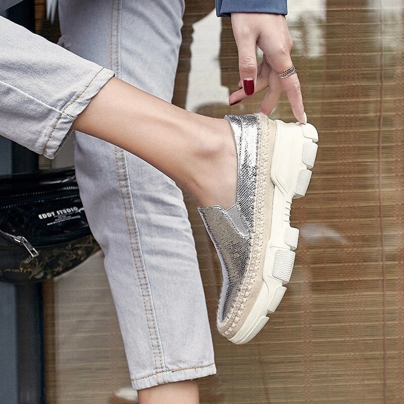 Chicmy Causal Loafers Metal Sheepskin Women Flats Slip On Ladies Simple Shoes Silver Color Platform Footwear Breaking In Loafers