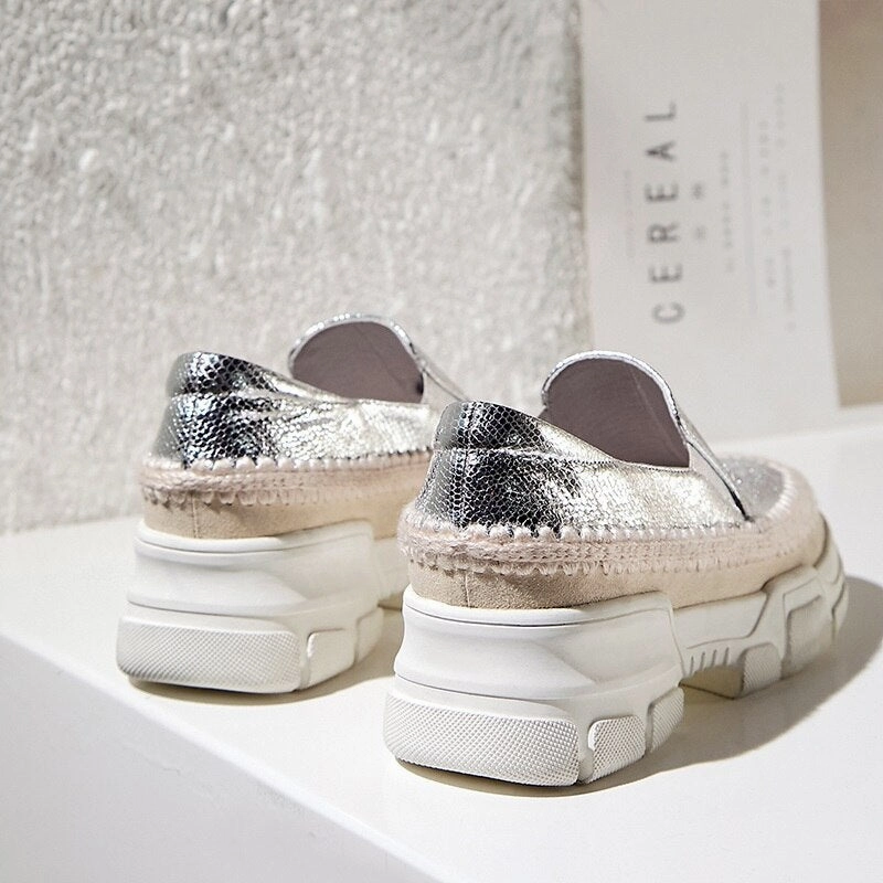 Chicmy Causal Loafers Metal Sheepskin Women Flats Slip On Ladies Simple Shoes Silver Color Platform Footwear Tassel Chunky Loafers