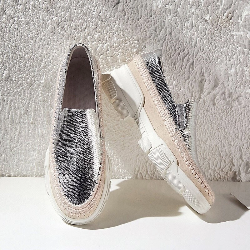 Chicmy Causal Loafers Metal Sheepskin Women Flats Slip On Ladies Simple Shoes Silver Color Platform Footwear Mia Loafers