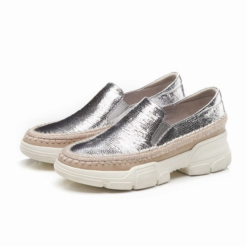 White Mountain Shoes Loafers Chicmy Causal Loafers Metal Sheepskin Women Flats Slip On Ladies Simple Shoes Silver Color Platform Footwear