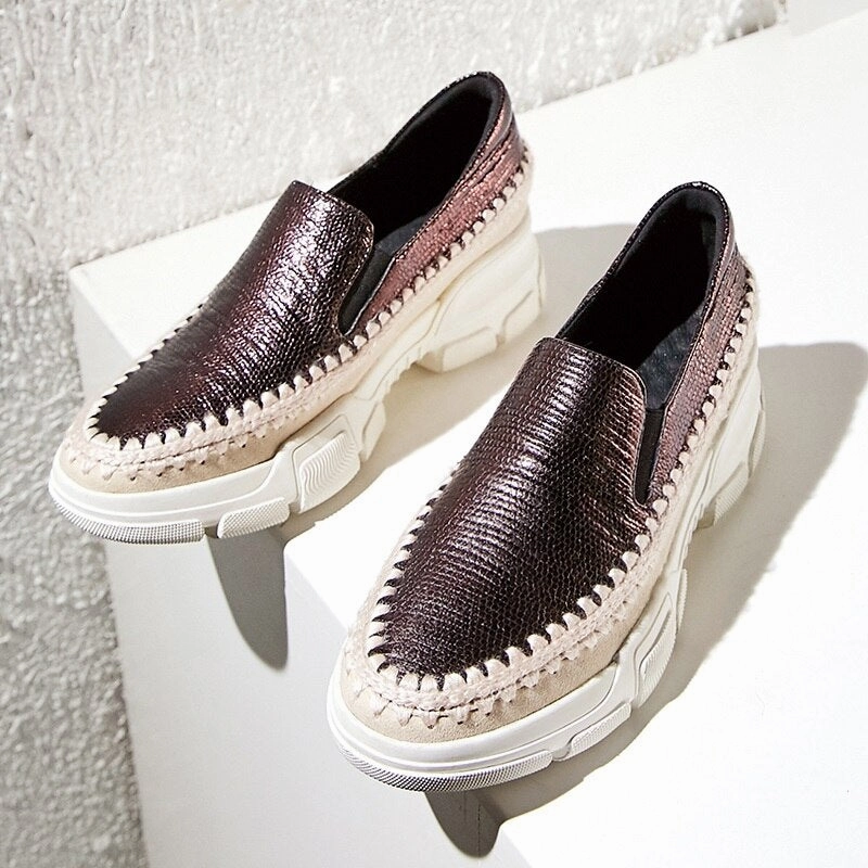 Loafers With Crystals Chicmy Causal Loafers Metal Sheepskin Women Flats Slip On Ladies Simple Shoes Silver Color Platform Footwear