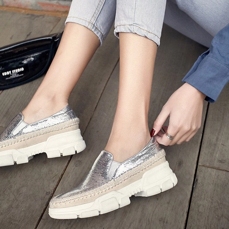 Chicmy Causal Loafers Metal Sheepskin Women Flats Slip On Ladies Simple Shoes Silver Color Platform Footwear Vintage Penny Loafers