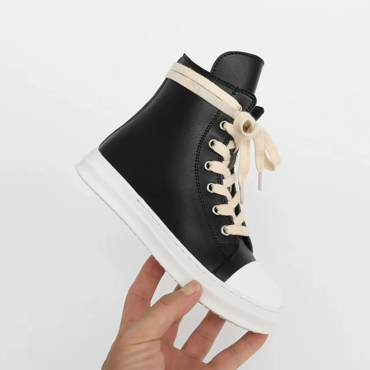 Black Army Boots MOF Kids Leather Ankle High-Top sneakers - Zipper and Laces Casual Sneakers