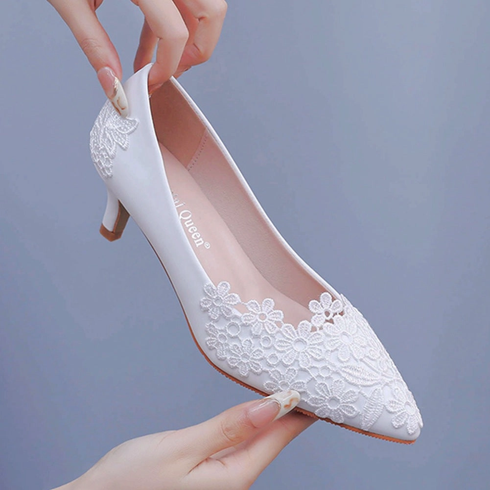 Low Wedge Dress Shoes Elegant and simple lace flower wedding shoes white 5cm high-heeled bridal shoes for wedding photos, adult ceremony shoes wedding shoes
