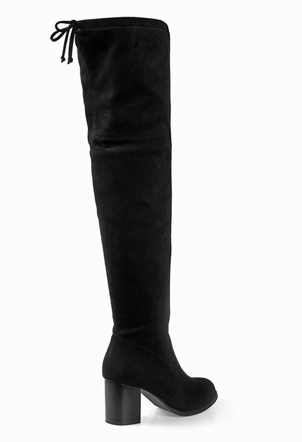 Patterned Rain Boots Over the Knee Block Heel Women's Stretchy Vegan Black Boots
