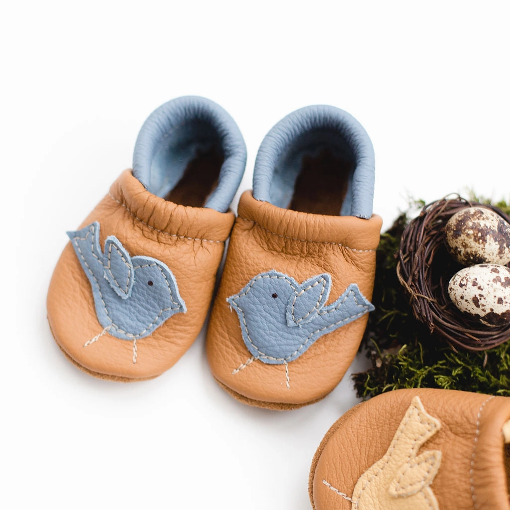 Blue & Yellow Birdie Leather Shoes Moccs Baby and Toddler White Dress