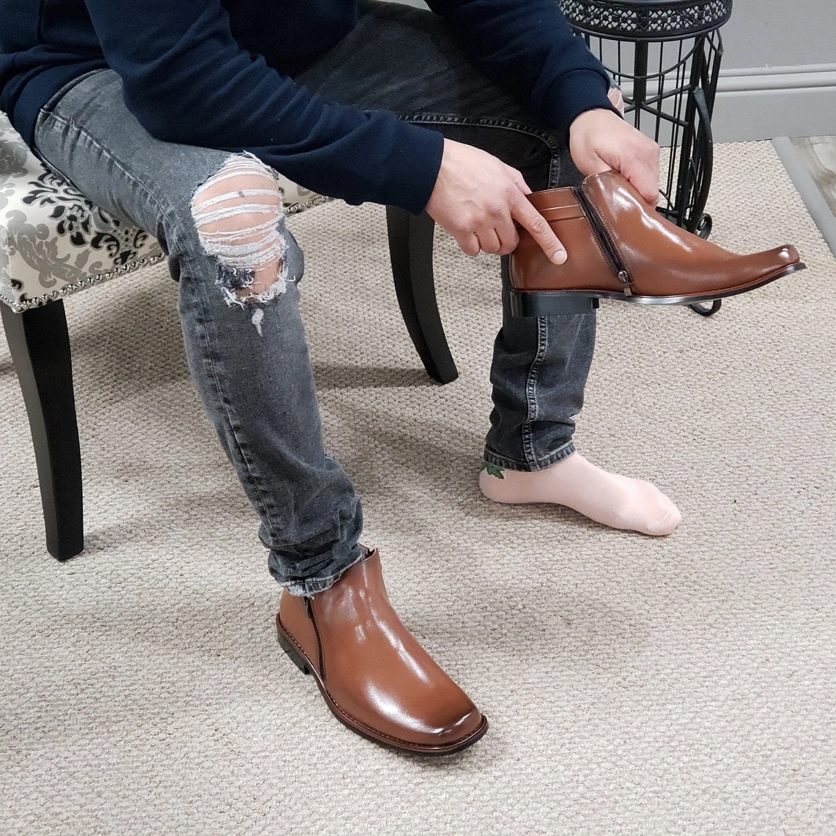 Adidas Lace Shoes Men's 38307 Ankle High Double Zippered Classic Dress Boots (Brown)