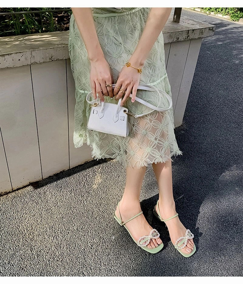 Chicmy Summer Shoes Women Sandals Pearl Flat Brand Ladies Summer Holiday Shoes Elegant Party Shoes Beige Green Plus Size 42 A4629 Black Wedding Flat Shoes