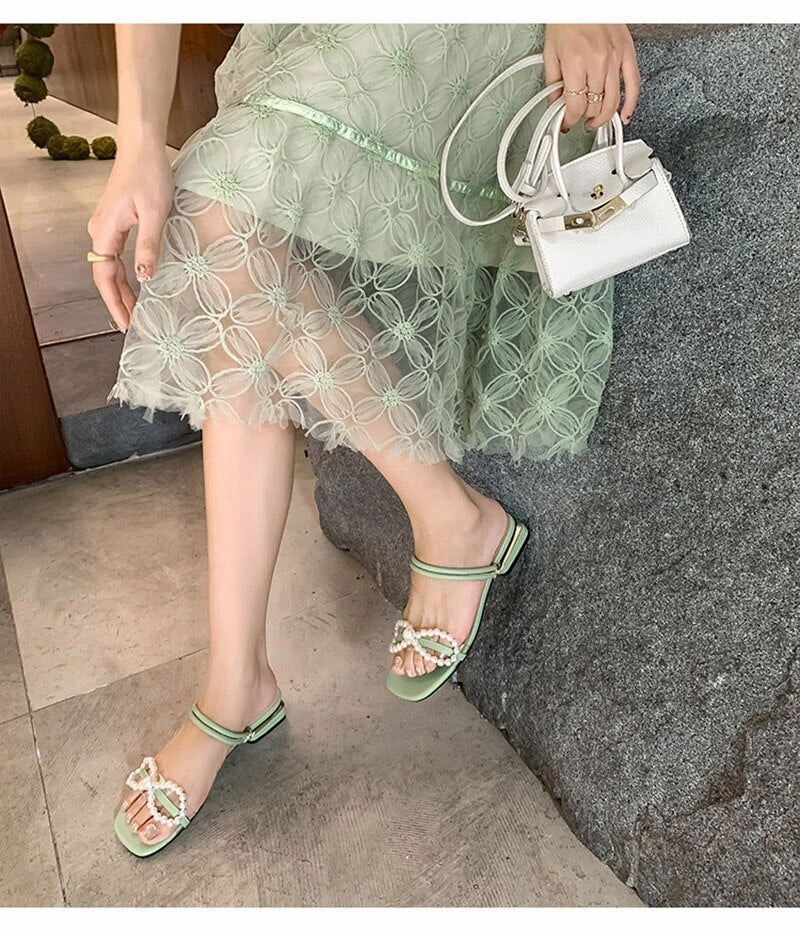 Chicmy Summer Shoes Women Sandals Pearl Flat Brand Ladies Summer Holiday Shoes Elegant Party Shoes Beige Green Plus Size 42 A4629 Pointed Toe Shoes Flats