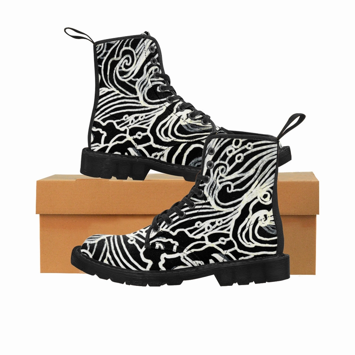 Black Waves Women's Boots, Curvy Waves Pattern Winter Lace-up Toe Cap Boots Shoes Hiking Bootas