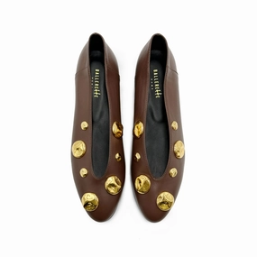 Brown leather ballet flats with V-cut and gold studs Sexy Thigh High Heels