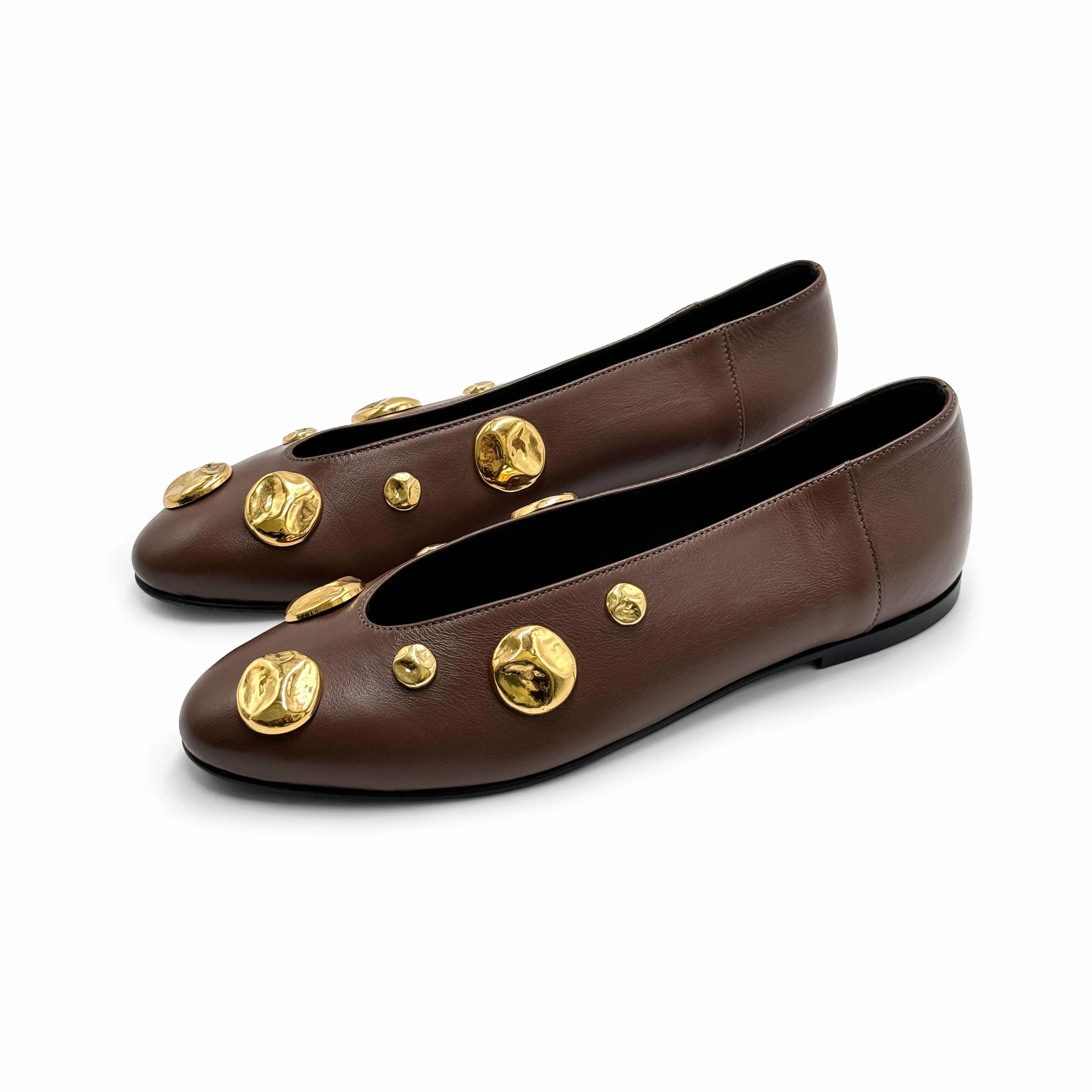Brown leather ballet flats with V-cut and gold studs Holo High Heels