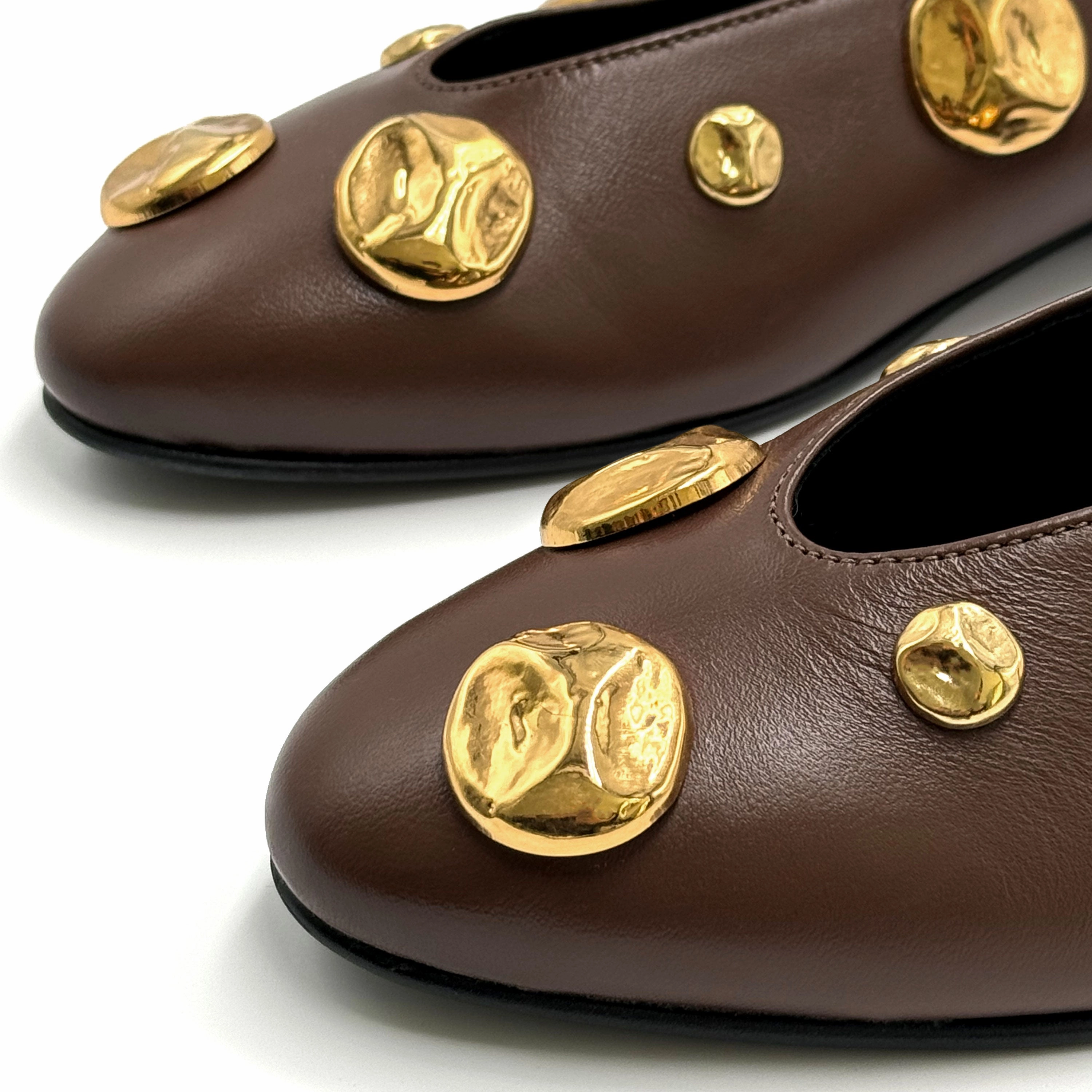 Brown leather ballet flats with V-cut and gold studs 15 Cm High Heels