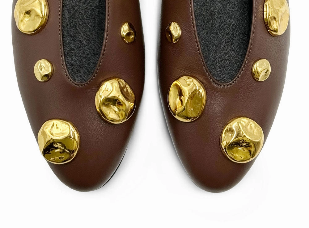 Brown leather ballet flats with V-cut and gold studs Heeled Boots Knee High