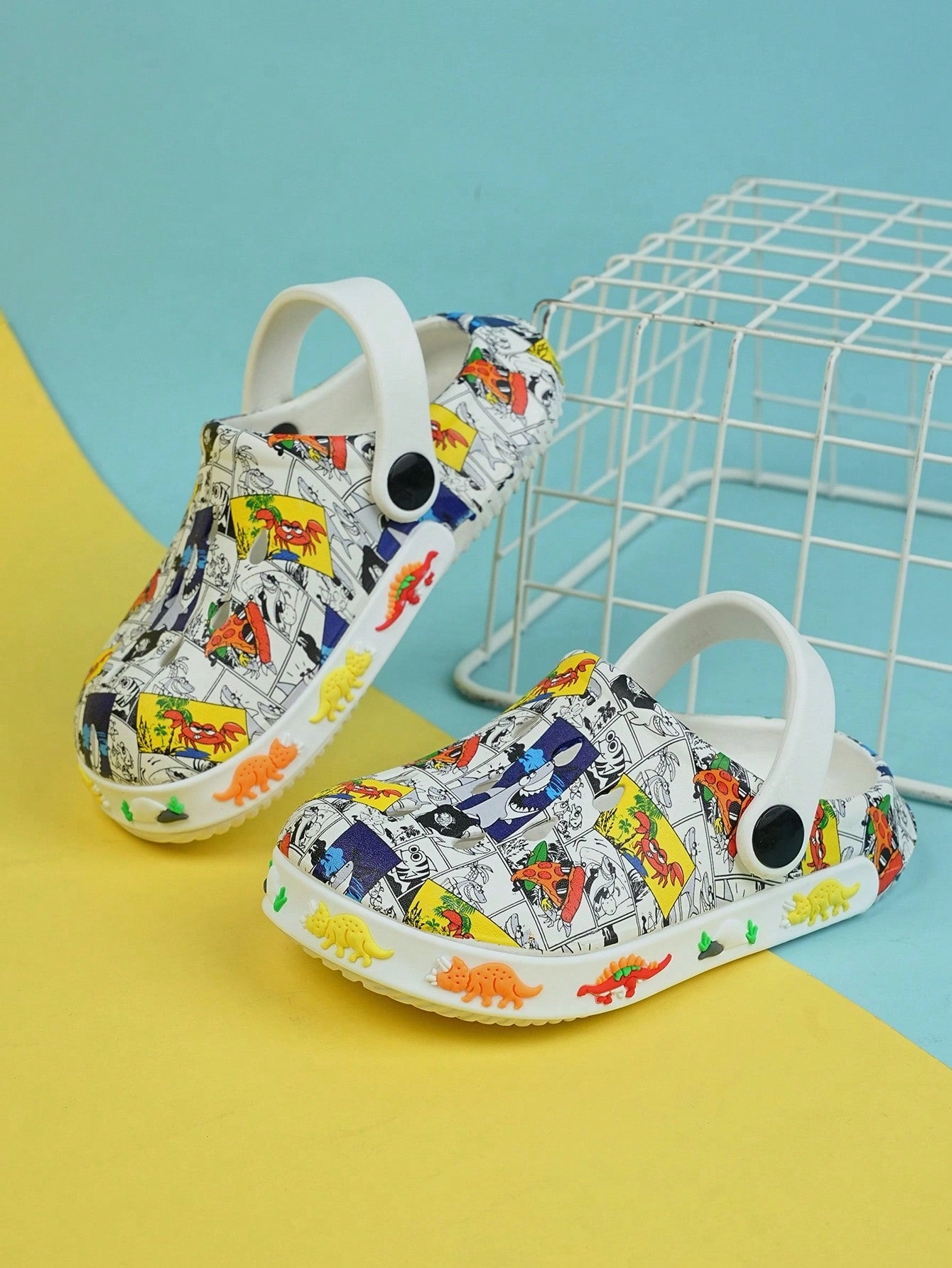 Asics Double Wide Shoes Boys Comic Pattern Hollow Out Vented Clogs For Summer