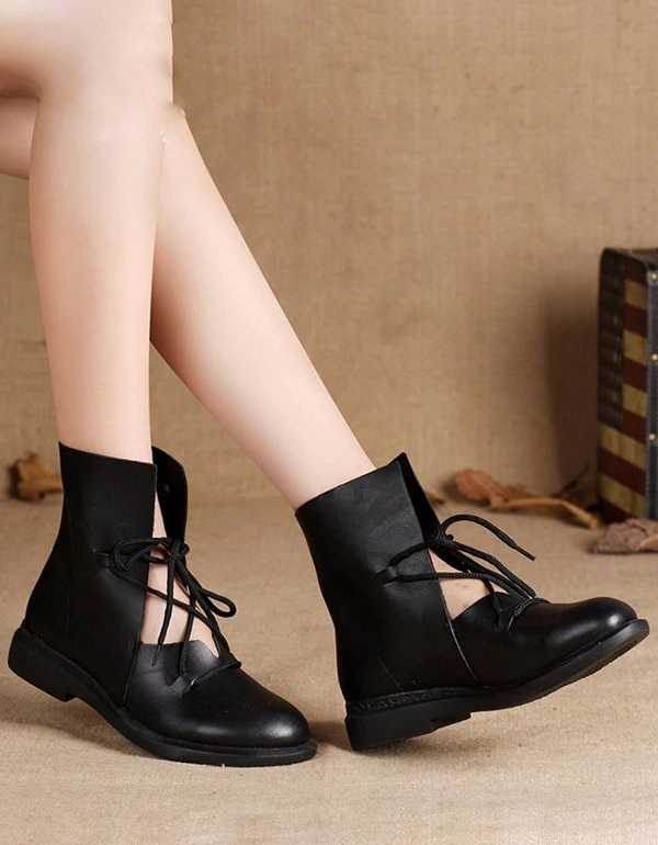 New Trendy Fashion Handmade Leather Black Boots Flat Ballerina Shoes With Ankle Strap