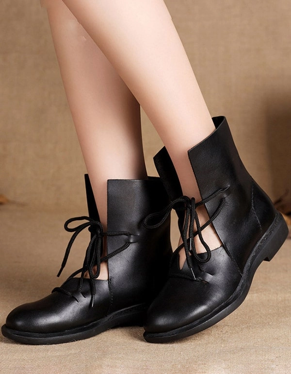 New Trendy Fashion Handmade Leather Black Boots Comfiest Flat Shoes