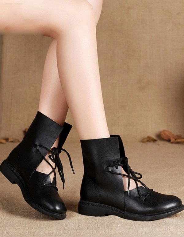 New Trendy Fashion Handmade Leather Black Boots Recycled Shoes Flats