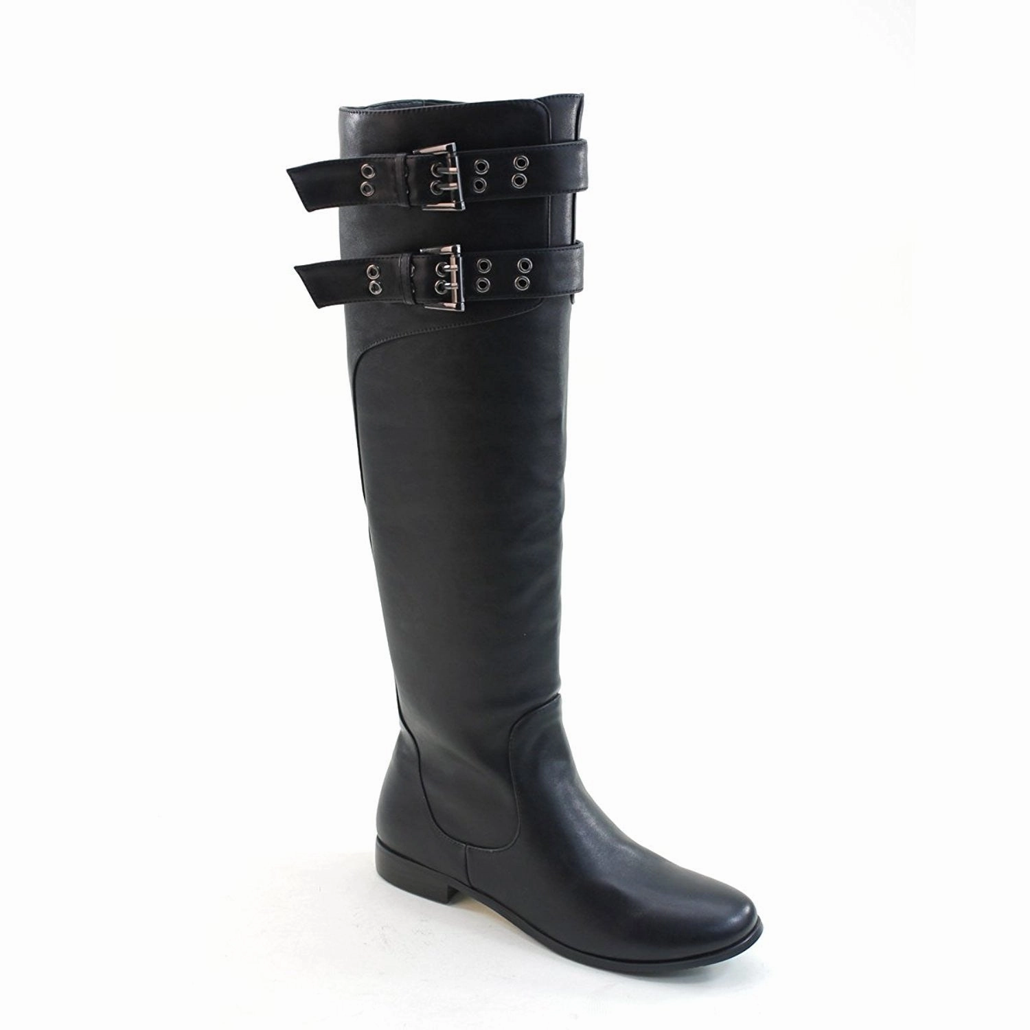 Green Rain Boots Double Buckles Knee High Low Heel Riding Women's Vegan Boots