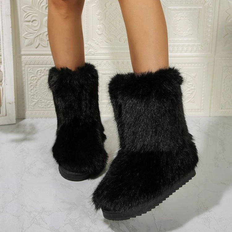 Retro Snow Boots Fashion Long Plush Snow Boots Winter Warm Mid-tube Furry Cotton Shoes For Women Short Boot