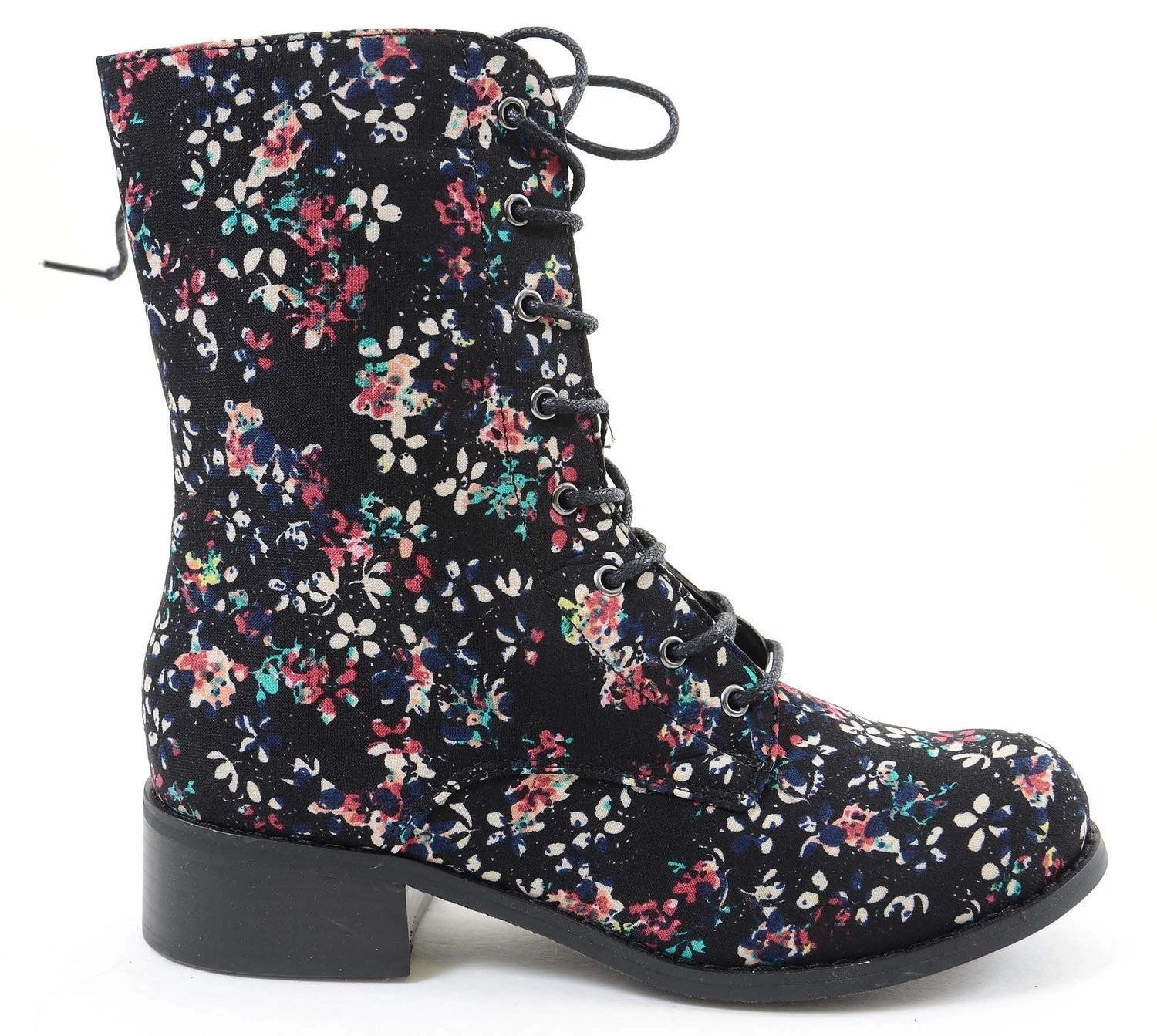 Jeffrey Campbell Chelsea Rain Boots Victorian Floral Black Lace Up Mid-calf Vegan Boots Black Women's